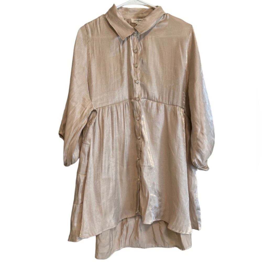 UMGEE USA Women's Beige Shimmer Mini Dress Button Up Puff Sleeve Size Medium